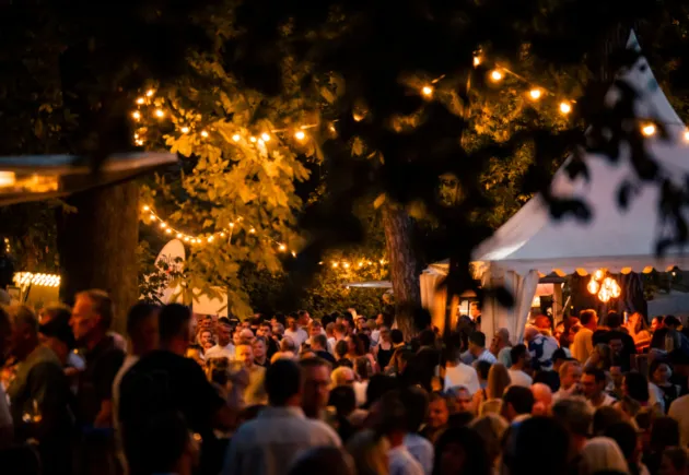 Foto vom Mainzer Weinmarkt, veiel Menschen untern Bäumen, dunkler Abend mit weichem gelben licht
